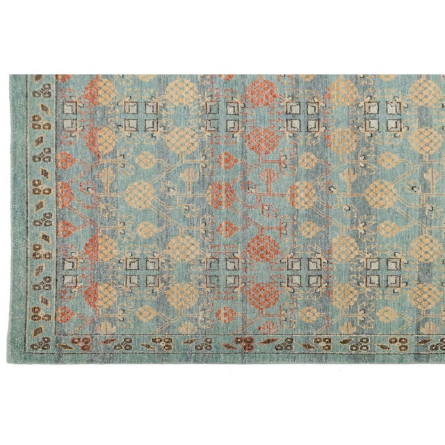 Textile Modern Khotan Style Wool Rug Terracotta, Sage Green & Soft Blue Transitional For Sale - Image 7 of 12