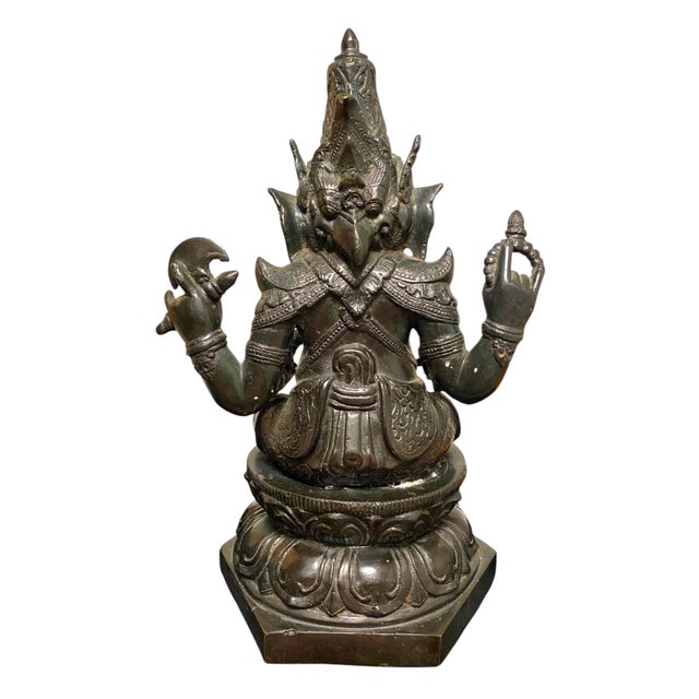 Indian Antique Bronze Ganesha Statue Khmer Style Hindu 4-Arm Elephant God Sculpture For Sale - Image 3 of 18