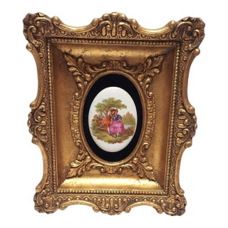 Early 20th Century Antique Florentine Porcelain Courting Couple Scene Gold Frame Fragonard Brass Metal Backing For Sale