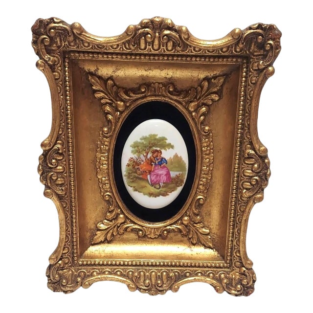 Early 20th Century Antique Florentine Porcelain Courting Couple Scene Gold Frame Fragonard Brass Metal Backing For Sale