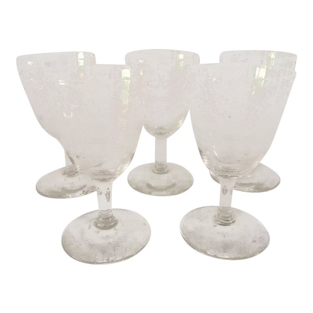 Antique Etched Sherry / Liquor Glasses - Set of 5 For Sale