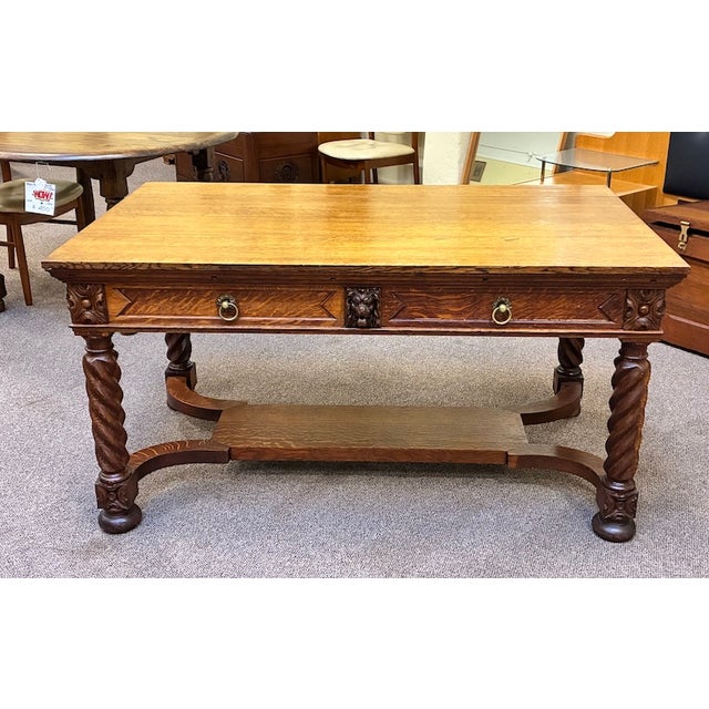 Solid Oak Library Table With Drawers C 1900 For Sale - Image 4 of 10
