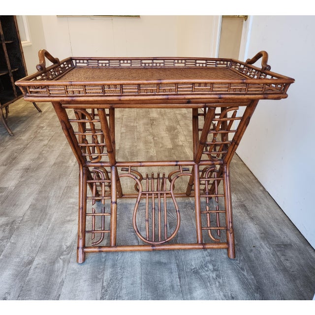 Chinoiserie Vintage Ralph Lauren Style Bamboo Butler Tray Table With Lyre Base For Sale - Image 3 of 17