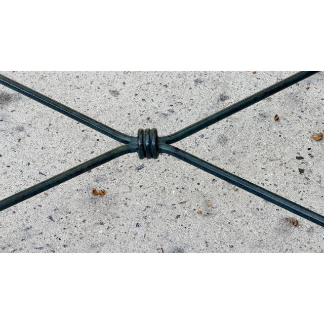 Pair of Giacometti Style Wrought Iron Verdigris Finish Glass Top Side Table For Sale - Image 9 of 12