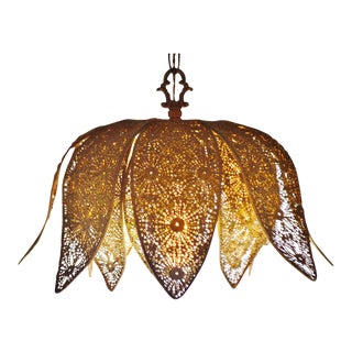 Vintage Moroccan Reticulated Metal Lotus Flower Pendant Light For Sale