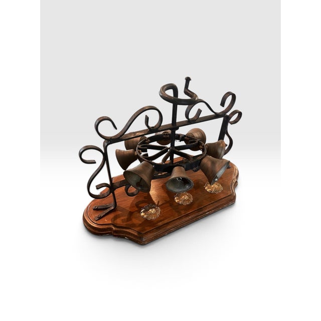 Vintage Wrought Iron & Brass 8-Bell Mechanical Door Bell on Wood Plaque For Sale In West Palm - Image 6 of 11