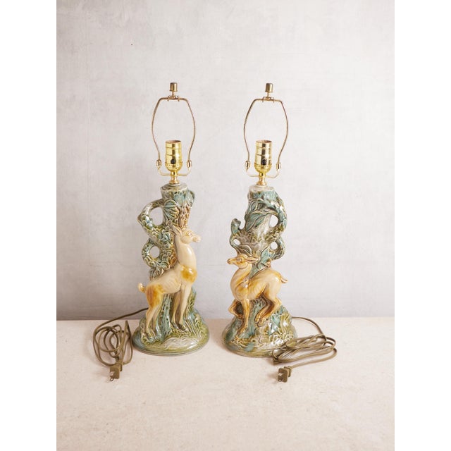 Mid 20th Century Deer Ceramic Lamps With Majolica Style Glaze - a Pair For Sale - Image 4 of 17