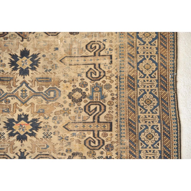 1920s Antique Caucasian Prepidil with Ram Horns in Beige & Navy Rug 4 x 5 For Sale - Image 5 of 13