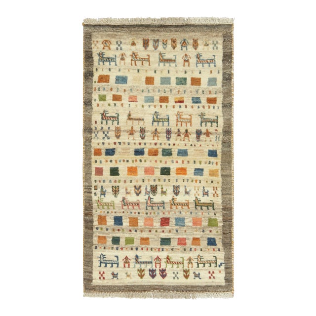 Vintage Gabbeh Turkish Rug, Beige With Colorful Animal Pictorials - Rug & Kilim For Sale