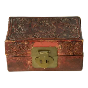 Antique Chinese Red Lacquered Leather Box Openwork Bats Floral and Foliage Detail