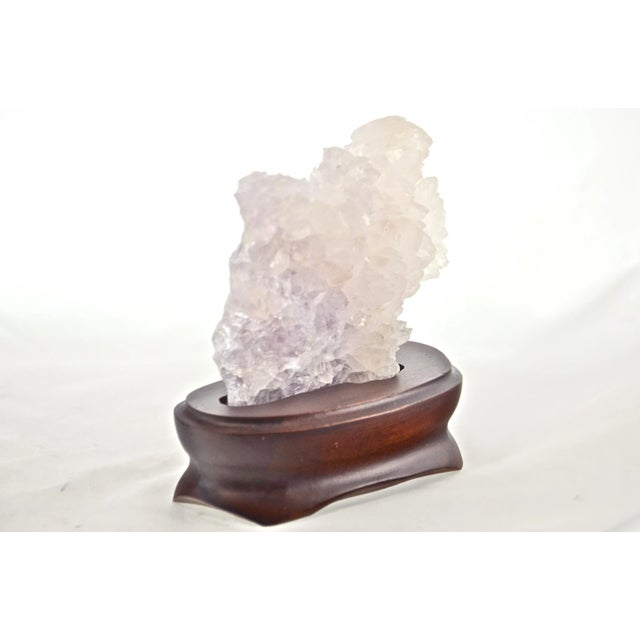 Natural vintage amethyst with large well-formed feathered translucent crystals set in a custom cut wood stand. It looks...