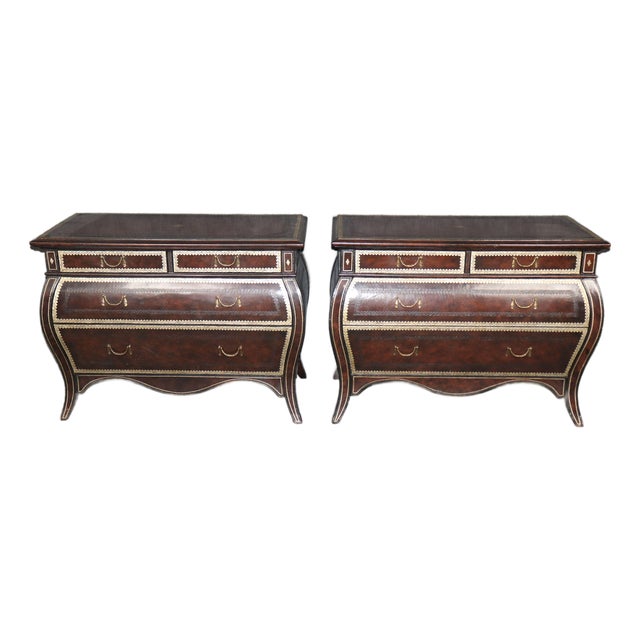 Pair Leather Wrapped and Embossed Maitland Smith Commodes For Sale
