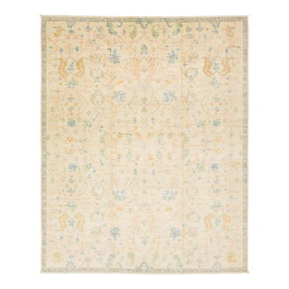 Contemporary Oushak Style Wool Rug in Beige With Allover Floral Design For Sale