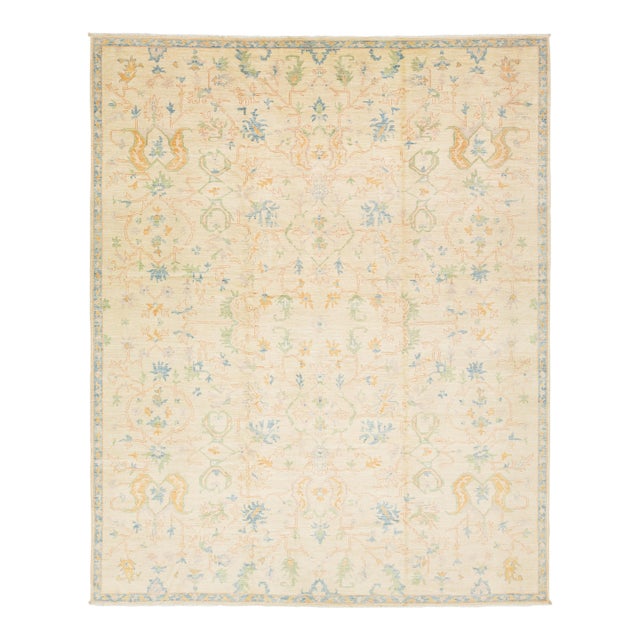 Contemporary Oushak Style Wool Rug in Beige With Allover Floral Design For Sale