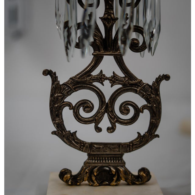 1950s 1950s Hollywood Regency Bronze and Crystal Candelabra Pair on Marble Base. For Sale - Image 5 of 8