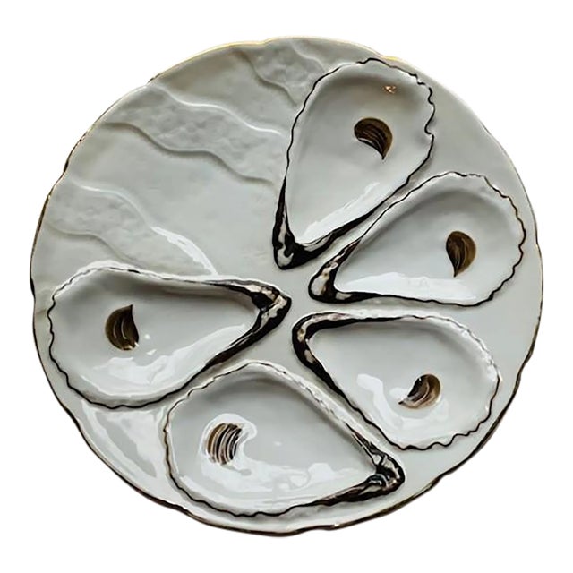 Exquisite 19th Century French Porcelain Oyster Plate - Hand-Painted With Gilt Trim For Sale