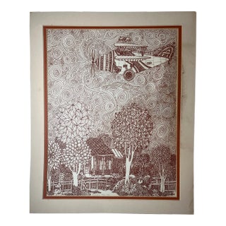 Original Woodcut Drawing, Airplane by Ed Jordan For Sale