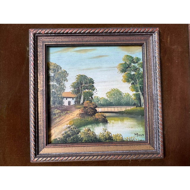 1960’s Teri Malo Impressionist Countryside Landscape Oil on Masonite Panel Painting, Wood Framed For Sale - Image 10 of 12