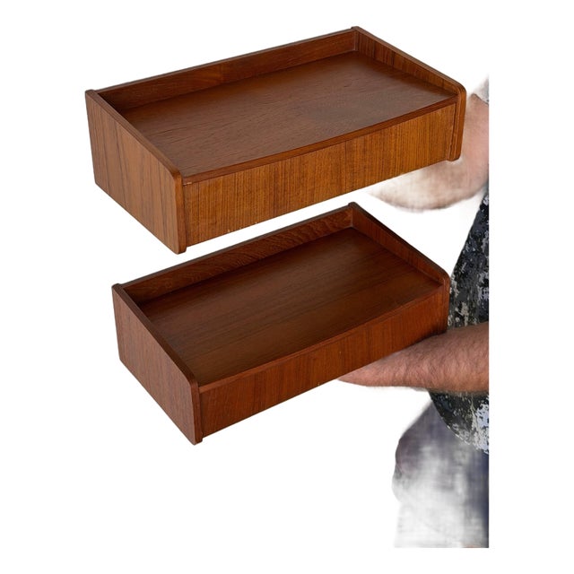 1960s Mid Century Danish Teak Floating Nightstands Wall Mounted Shelves, A Pair For Sale