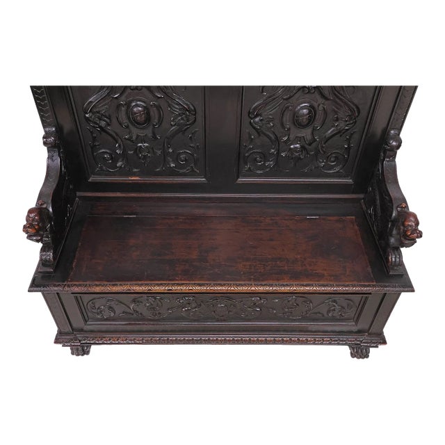 Hall Bench, Italian Renaissance Revival, Walnut, W/ Dragons, Storage, 1800s! For Sale