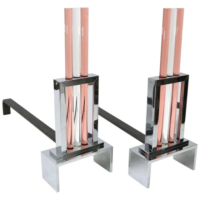 Silver Andirons French Art Deco Chrome & Glass For Sale - Image 8 of 12