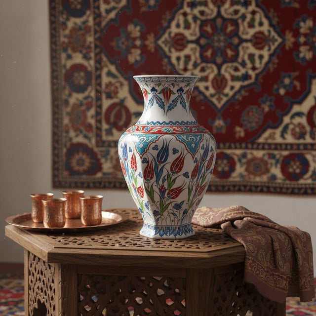 Handmade Ceramic Iznik Vase (Faceted Form) Red Tulip and Blue Arch Pattern For Sale - Image 6 of 8