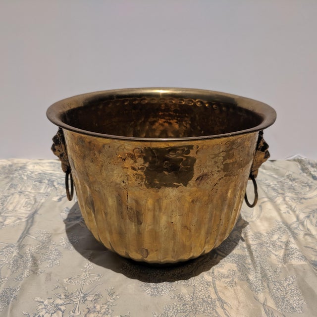Vintage Hammered Brass Cachepot Jardiniere With Lion Head Ring Pulls For Sale - Image 10 of 11