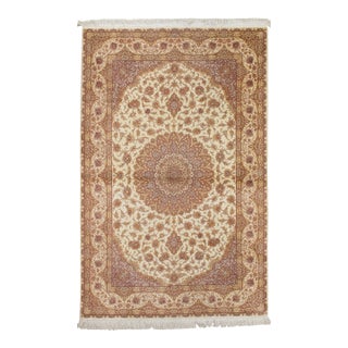 Late 20th Century Rare Finely Woven Persian Silk Qum, Handmade Oriental Rug, Soft Ivory For Sale