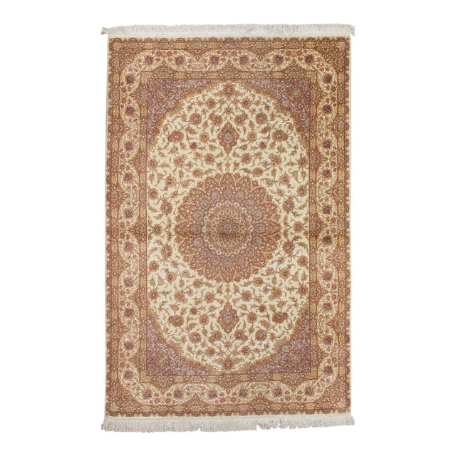 Late 20th Century Rare Finely Woven Persian Silk Qum, Handmade Oriental Rug, Soft Ivory For Sale