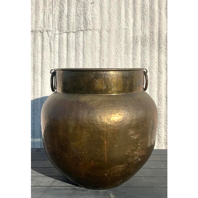 Vintage Boho Monumental Hammered Brass Rings Urn For Sale - Image 10 of 11