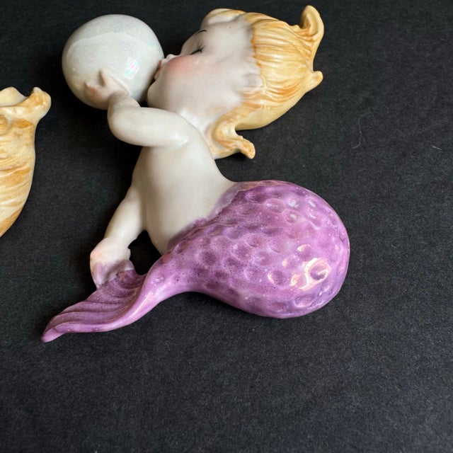 Ceramic Vintage Norcrest Mermaid Bubble Wall Plaque Pink Purple Baby Rare 1950s Retro For Sale - Image 7 of 12