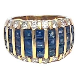 18k Yellow Gold Blue Sapphire Ring With 3.08ctw Diamonds, Size 5.5 For Sale