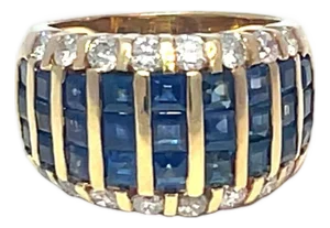 18k Yellow Gold Blue Sapphire Ring With 3.08ctw Diamonds, Size 5.5