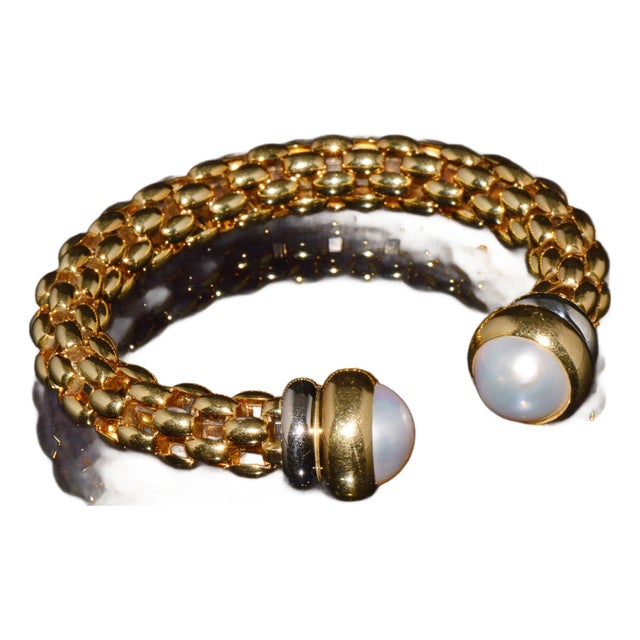 Vintage Fope Flex It Solid 18k Gold Pearl Open Cuff Bangle Bracelet For Sale