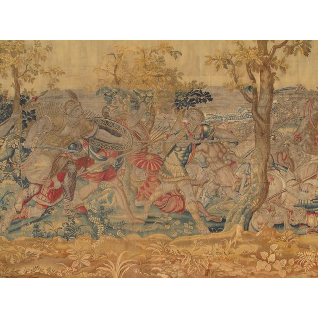 17th Century Fine Brussels Tapestry, Silk Wool, Green, Blue, Red, Battle Scene For Sale - Image 10 of 12