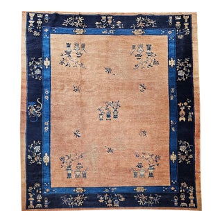 Antique Chinese Peking Rug, Hand-Knotted Wool, Pale Peach, Navy, 9' x 12' For Sale