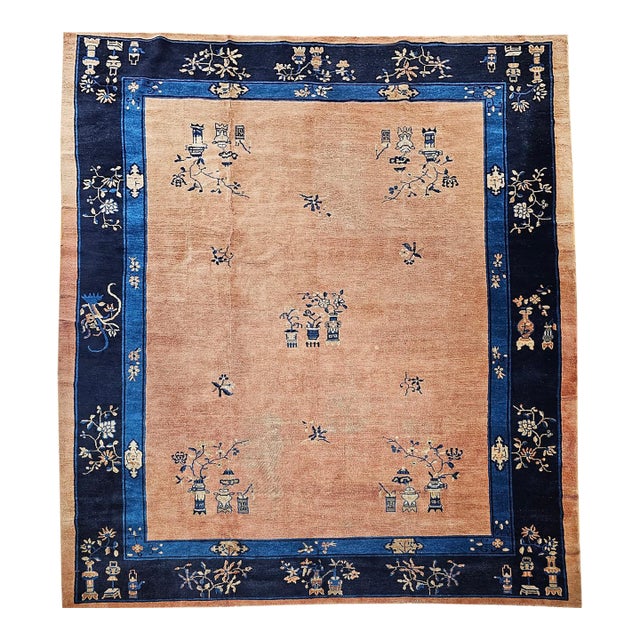 Antique Chinese Peking Rug, Hand-Knotted Wool, Pale Peach, Navy, 9' x 12' For Sale