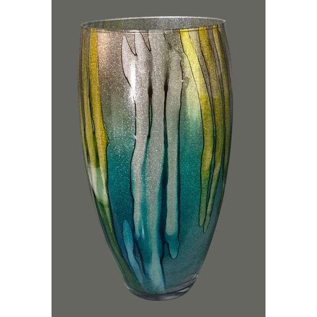 Contemporary Modern Tall 14'' Italian Art Glass Alcohol Ink Painted Vase Teal Gold & Silver For Sale - Image 3 of 8
