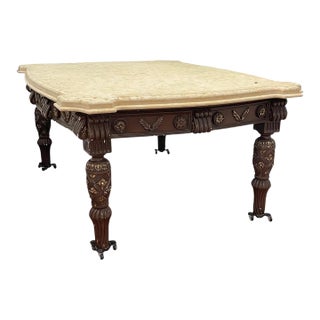 Early 20th Century Neoclassical Revival Carved Wood & Marble-Top Library Table on Casters For Sale