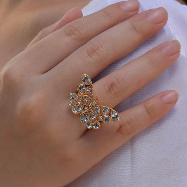 Sky Blue Nina Zhou Butterfly Aquamarine Diamond Cocktail Ring in 14k Yellow Gold, size 9.5 For Sale - Image 8 of 11