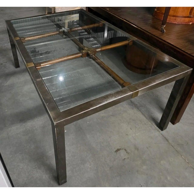 Wood Mid 20th Century Hollywood Regency Brushed Metal W/Brass Accents and Glass Top on Wood Grid Dining Table For Sale - Image 7 of 8