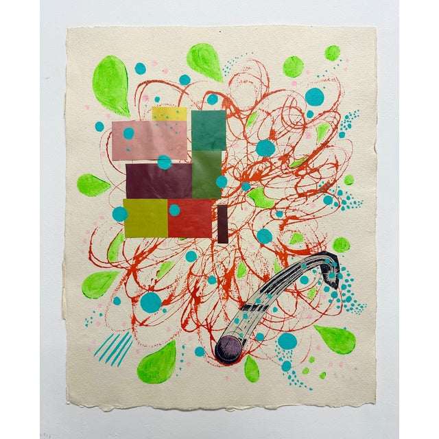 A colorful work on paper from mid career artist Ben Junta Acrylic, Collage, Ink on Paper 14.75" x 12"
