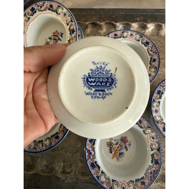 Late 19th Century Set of 8 Antique English Small Bowls Wood and Sons Transferware Fruit Dessert Dishes Blue Red For Sale - Image 5 of 12