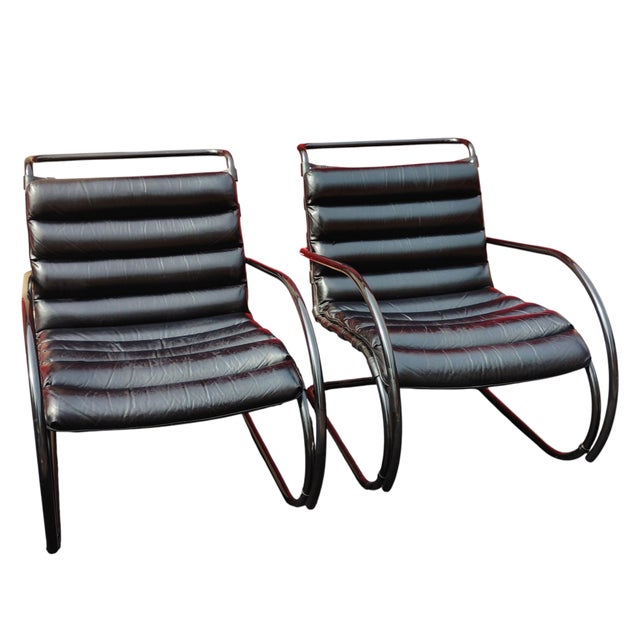 1970s Pair of Black Leather and Steel Cantilever Armchairs For Sale - Image 9 of 12
