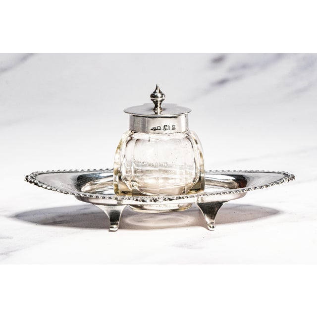 Lovely Edwardian English Antique Sterling Silver Crystal Inkwell Pen Tray Desk Office Home Decor For Sale - Image 11 of 18