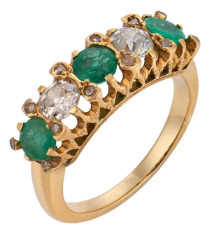 1910s Edwardian Emerald Diamond 18k Yellow Gold Ring, Size 5.25