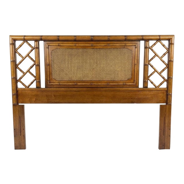 Mid-Century Palm Beach Regency Faux Bamboo and Cane Queen Headboard Attributed to Dixie - Tahiti Collection For Sale