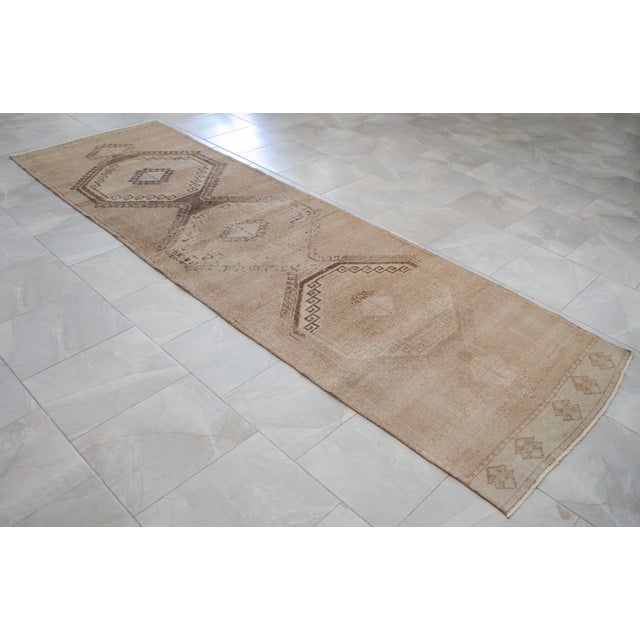 Textile Hand-Knotted Turkish Runner Rug, Earthy Tones Hallway Rug, Kitchen Decor - 3' X 12'4" For Sale - Image 7 of 13