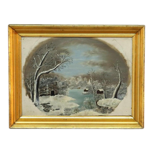 Antique Oil on Board Winter Landscape in First Finish Frame C1870