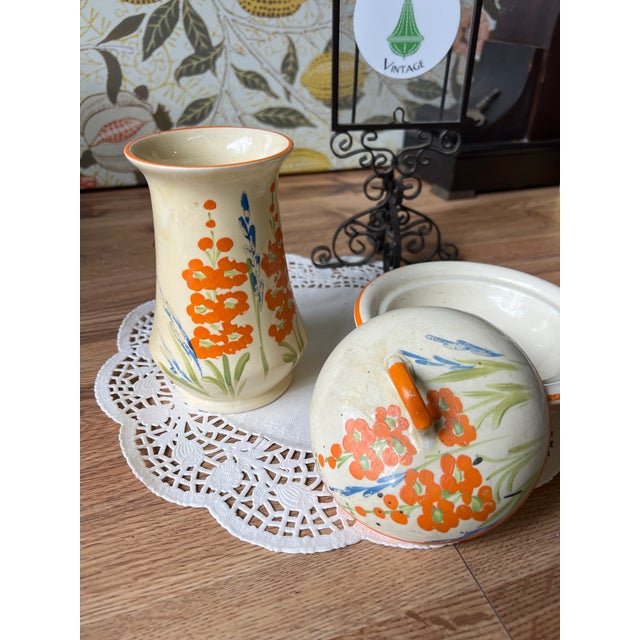 Ceramic Vintage Floral Hand Painted Dishes, Vase and Bowl With Lid - a Pair For Sale - Image 7 of 8